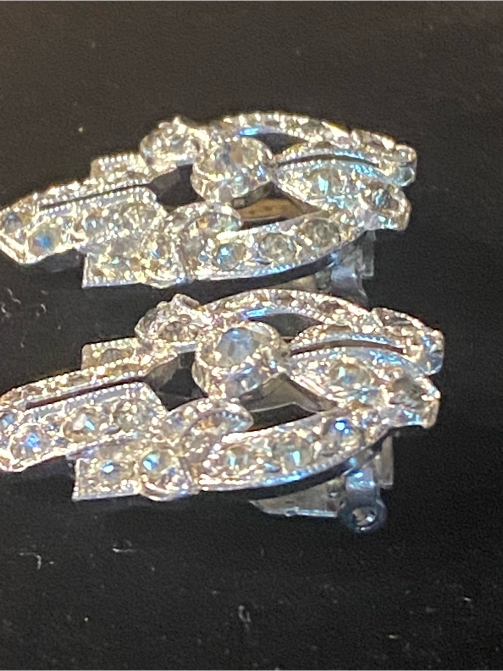 Vintage Art Deco Rhinestone Dress Clips Pair 1930s Pot Metal Clear Paste Antique